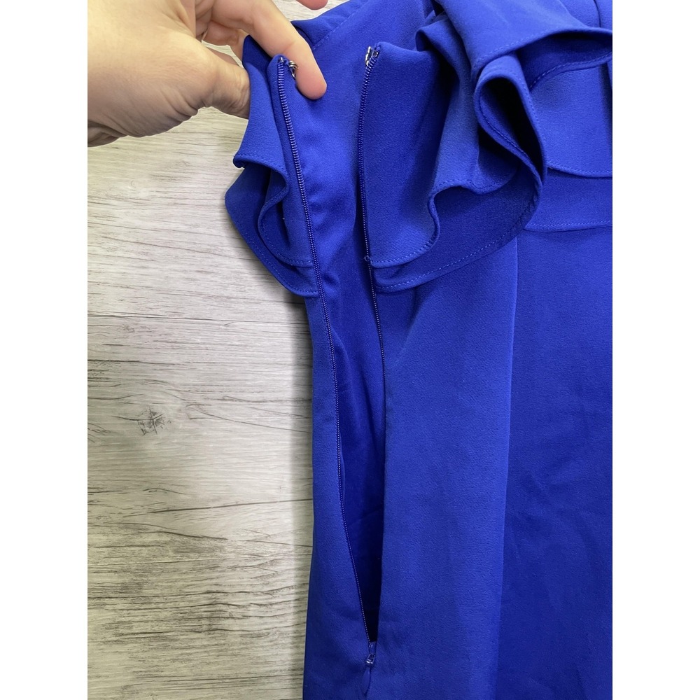Marina Womens Blue Sheath One Shoulder Ruffle Midi Formal Cocktail Dress 4 - Picture 7 of 10